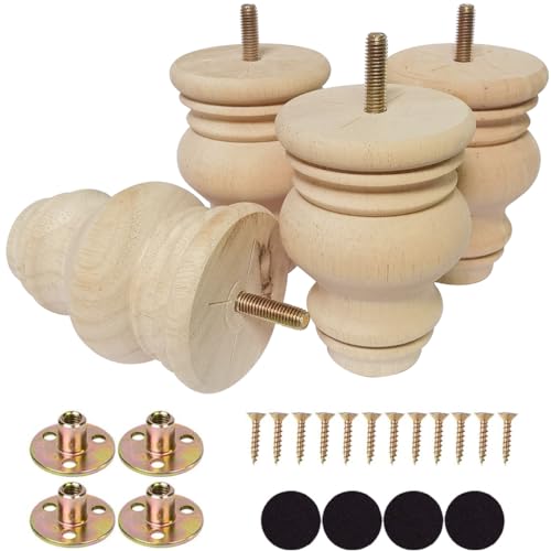 4 Inch Wooden Furniture Legs, Solid Wood Unpainted Replacement Furniture Legs, Ottoman/Loveseat Replacement Legs, Cabinet Legs/Desk/Sofa/Bookcase Round Bun Feet Set of 4 (4 Inch B) - size: 4 Inch B