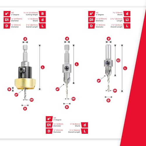 Amana Tool Woodworking Countersink Set, AMS-621, 3-Piece | Carbide Tipped with Adjustable Depth Stop and No-Thrust, No Marring Ball Bearing - style: AMS-621, 3-Pc