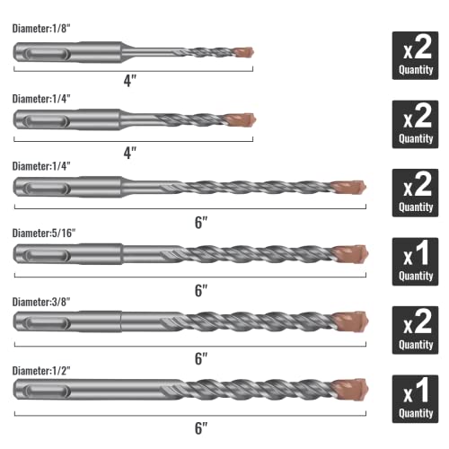 SDS Plus Rotary Hammer Drill Bit Set (10 Pack - 1/8", 1/4", 5/16", 3/8", and 1/2") Carbide Tipped - Perfect for Drilling Through Concrete, Cement, Stone, Brick, Ceramic Pots, & More! - size: 1/8", 1/4", 5/16", 3/8", 1/2" - 10 Pack