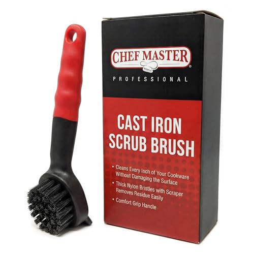 Cast Iron Scrub Brush with Heavy Duty Scraper - Nylon Bristles Dish Scrubber for Pans, Skillets and Woks – Kitchen Cleaner Removes Grime, Grease, Food Build Up - 90058 by Chef Master