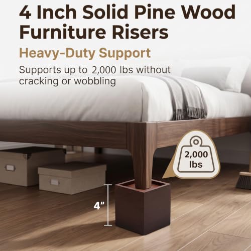 Lufia 4 Inch Solid Pine Wood Furniture Risers 4 Pack, 2000 LBS Heavy Duty Silicone Non Slip Lift Blocks for Bed Sofa Desk Cabinet - color: Dark Brown - 4-pack, size: 4 Inch