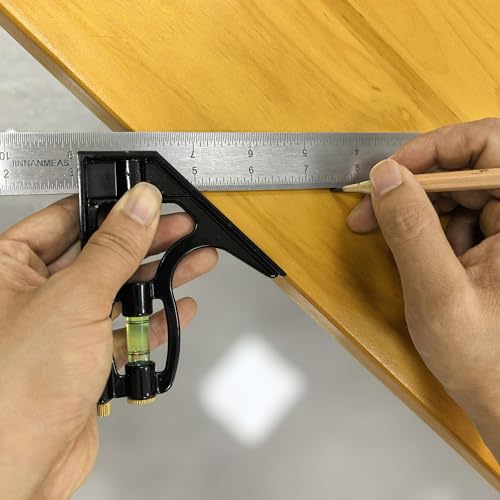 12" Combination Square, Pro Stainless Steel Ruler with 1/64" Precision Laser Etched Scale, Multi-Functional Carpenter Square with Scriber & Level