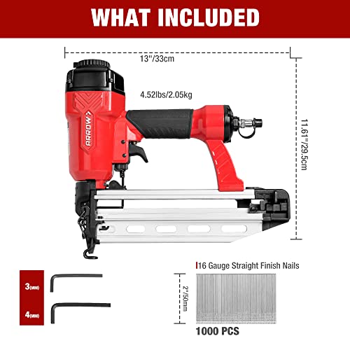ARROW Pneumatic 16 Gauge Finish Nailer with 1000 Pcs Nails, 16 GA Professional Straight Nail Gun Kit, Oil-free Design, Depth Adjustable, Dryfire-lockout, Fits 1-1/4-Inch to 2-1/2-Inch Finish Nails