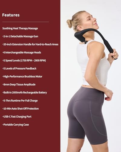 2-in-1 Detachable Massage Gun with Heat, Muscle Massager with Long Handle
