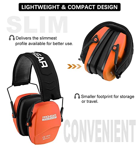 PROHEAR 016 Ear Protection Safety Muffs for Shooting, NRR 26dB Slim Hearing Protector for Gun Range, Hunting - Black and Orange