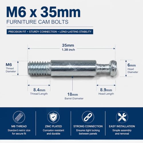 10PCS 35mm Cam Bolts for Furniture, Threaded Cam Connector Bolts - size: 35mm