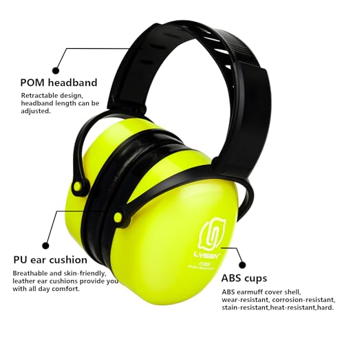 LYSIAN 31dB Hearing Protection Earmuffs, Foldable Adjustable Safety Ear Muffs for Shooting, Construction, Lawn Mowing, Adults - color: Fluorescent Yellow