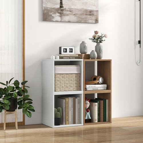 2 Stackable Cubes Bookcase, Wooden Cubby Storage Organizer - color: Natural