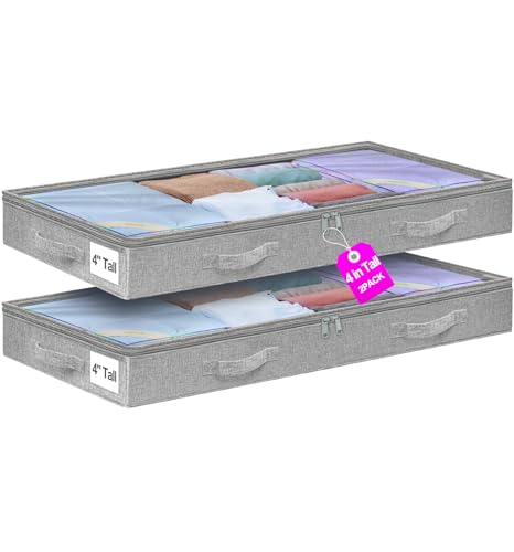 punemi 4 inch High Soft Low Profile Under Bed Storage Bins, 2 Pack, Grey - color: Grey, size: 2 Pack-4 inch Tall-Soft