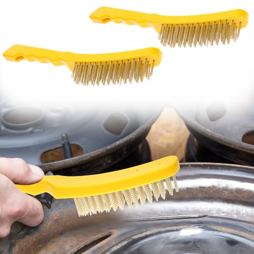 QWORK Wire Scratch Brush, 2 Pack 11 Inch Heavy Duty Stainless Steel Wire Brush with Ergonomic Plastic Handle, Rust Remover & Welding Slag Cleaner for Metal, Paint & Scale