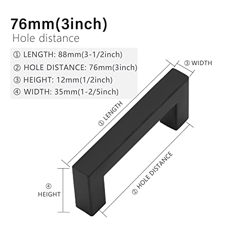 Cabinet Pulls Matte Black Cabinet Handles Square Drawer Pulls, 5 Pack 3 Inch Stainless Steel Kitchen Door Cupboard Cabinet Handles, Drawer Hardware Handles, 76mm Hole Centers - size: 3 inch Hole Centers(76mm)