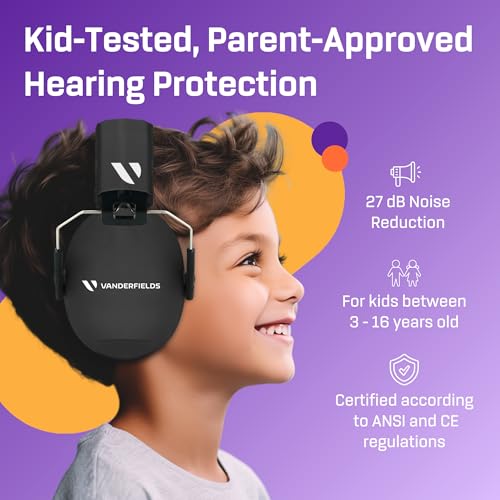 Kids Noise Canceling Headphones - 33 dB (2K Hz) - Ear Protection Earmuffs | Vanderfields' earmuffs protect child's hearing with certified noise-cancellation, soft ear cushions, and adjustable headband - color: Black