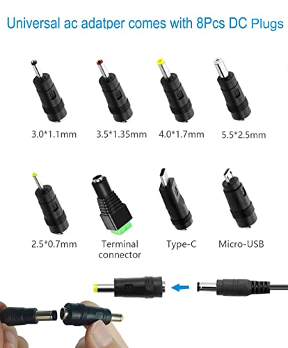 12.6V 1A Power Supply Adapter 100-240 AC to DC 12V 12.6V 1000mA AC/DC Power Supply Transformer with 8Pcs Multi Tips 5.5x2.1mm 3.5x1.35mm Micro-USB for Massage Gun Aircraft Model Ball Launcher