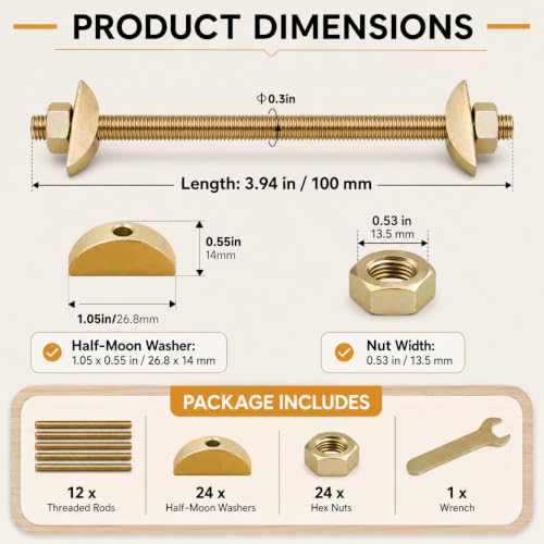 12 Sets M8 x 100mm Countertop Connector Bolts, Furniture Fastening Connectors with Half Moon Washers & Nuts, Draw Bolt Joint Connector for Butcher Block, Bed Frame, Cabinet
