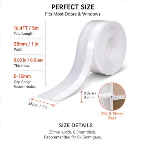 Weather Stripping Door Seal, Clear Silicone Door Weather Stripping Door Seal Strip for Door Frame 16.4FT Self Adhesive 25mm Seal Tape for Doors and Windows, Seals 0-15mm Gaps