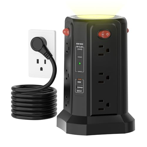 PASSUS Tower Surge Protector Power Strip with PD 65W USB C Port - color: Black-4C1A