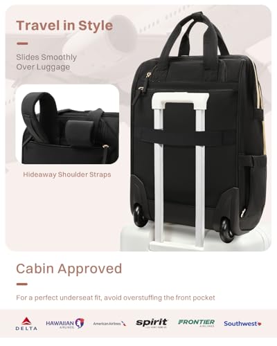 Rolling Puffer Backpack for Women, Travel Backpack with Wheels, 16 Inch Wheeled Laptop Backpck, Dual-Opening Design Overnight College Underseat Carry on Luggage, Roller Business Work Bag, Black - color: Black
