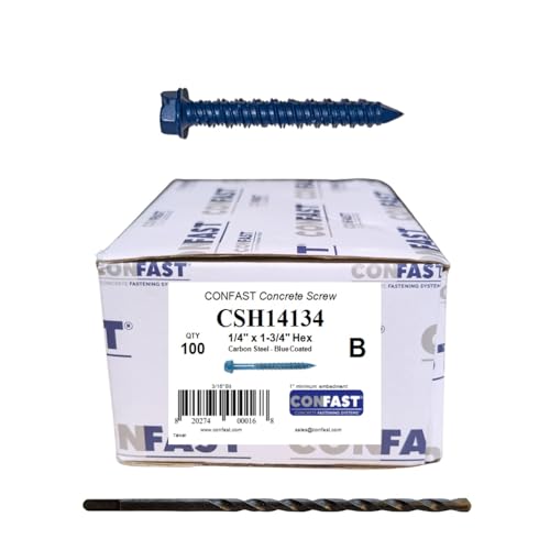 CONFAST 1/4" x 1-3/4" Hex Head Concrete Screw Anchor with Drill Bit for Anchoring to Masonry, Block or Brick (100 per Box) - size: 1/4" x 1-3/4"