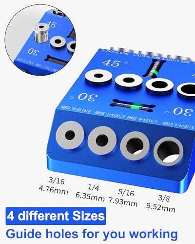 VASTHOME Aluminum 30/45/90° Angle Drill Guide Jig for Woodworking - Precision Angled and Straight Hole Drilling with Bubble Level, for Stair Handrail, Deck Post, Cable Railing, Furniture Assembly - color: Aluminum Blue