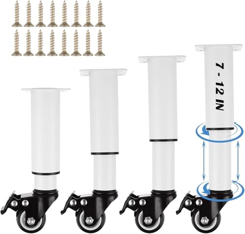 Set of 4 Metal Adjustable Furniture Legs with Wheels 7-12 Inch White Adjustable Table Legs with Casters Heavy Duty Bed Support with Brake Table Legs with Wheels for Cabinet Sofa Bed, 440LBS