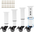 Set of 4 Metal Adjustable Furniture Legs with Wheels 7-12 Inch White Adjustable Table Legs with Casters Heavy Duty Bed Support with Brake Table Legs with Wheels for Cabinet Sofa Bed, 440LBS