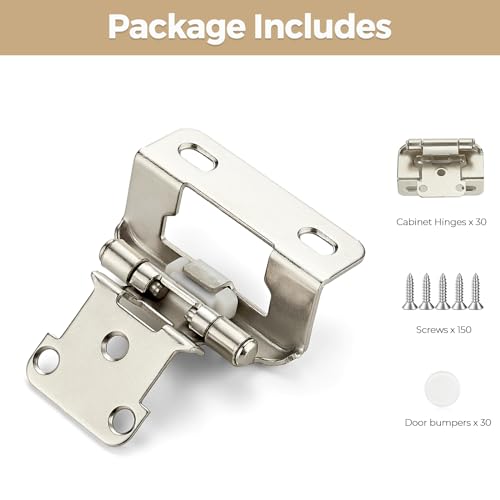 30 Pack 15 Pair Brushed Nickel Cabinet Hinges, 1/2" Semi Wrap Kitchen Hinge - color: Satin Nickel, size: 1/2" Semi Wrap