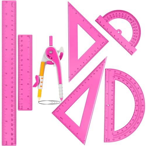 Zonon 7 Pcs Geometry Math Set with Compass Protractor Rulers, Pink - color: Pink