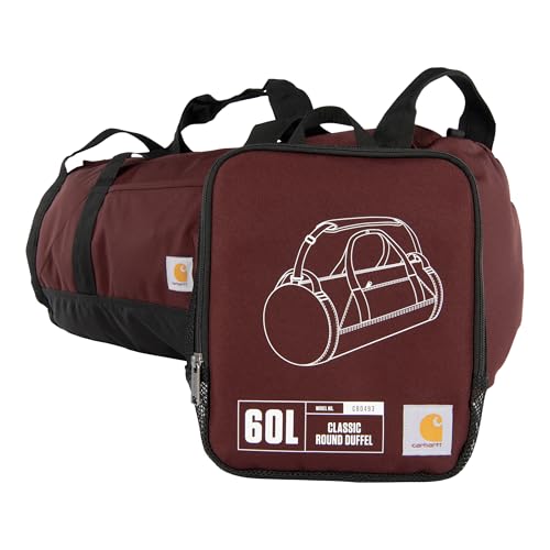 Carhartt Classic Round Duffel with Utility Pouch, Heavy-Duty, Water-Resistant Packable Gear Bag for Jobsite, Gym, and Travel - color: Port, style: 60l