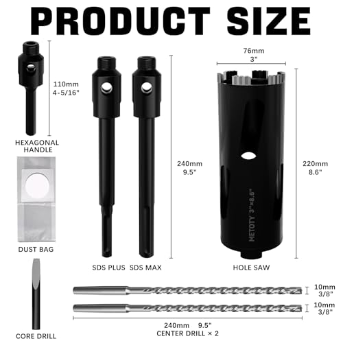 Diamond Core Drill Bit 3"(76mm) with Pilot Bit & Adapters (SDS Plus & Hex) – Upgraded Welded Segments, 8.6" Depth – for Concrete, Solid Brick, Hollow Brick, Masonry & More - size: (3"/76mm)