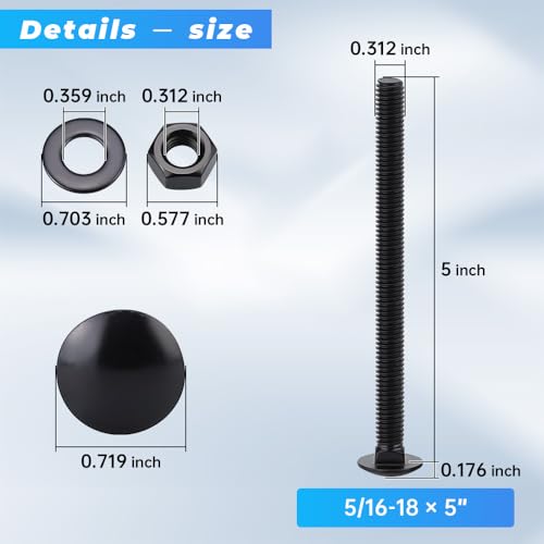 Glvaner (6 Sets) 5/16-18 x 5" Stainless Steel Carriage Bolts Screws Black and Hex Nuts & Flat Washers Black, Round Head Square Neck, 304 Stainless Steel 18-8, Full Thread Coverage - size: 5/16-18 x 5"