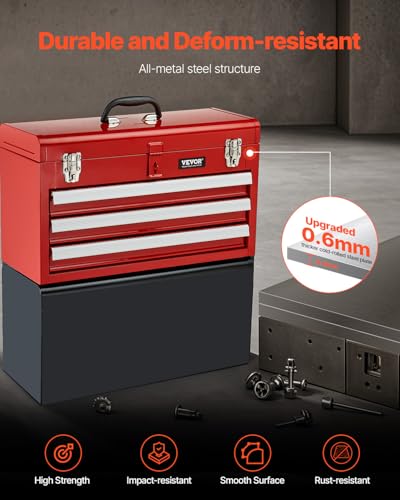 VEVOR Metal Tool Box, 20.5-inch, Portable Metal Tool Box with 3 Drawers, Small Tool Chest with EVA Liners, Ball Bearing Slide Drawers Locking & Powder Coated Finish, Multi-Function Tool Organizer, Red - size: 3 Drawers-Red