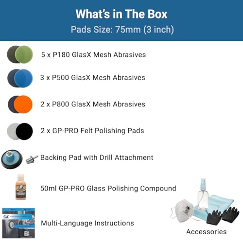 GLASS POLISH DIY Glass Scratch Removal Kit 3” (75mm) - Effective Glass Polishing with Drill or Polisher, Repairs Deep Scratches, Removes Surface Damage and Restores Original Clarity & Shine - size: 3 inch (10 Abrasives)