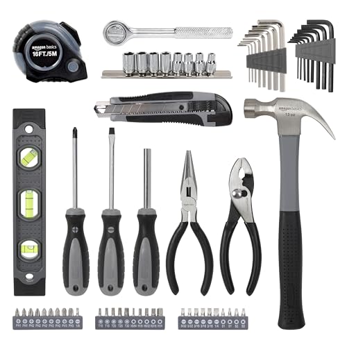 Amazon Basics 65 Piece Home Repair Tool Kit Set With Carrying Bag, Hand Tools, Socket Set, SAE and Metric, Silver, Black