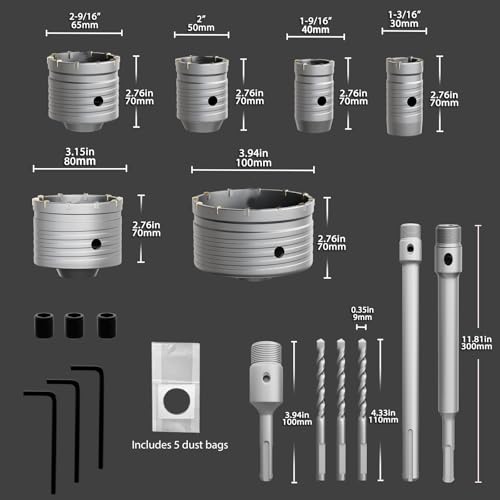 CATITO 17 Pcs Set of Concrete Hole Saw (30mm 40mm 50mm 65mm 80mm 100mm), Concrete Hole Saw Kit for Concrete, Connecting Rods for SDS Plus and SDS MAX, 5pcs Dust Bag, Cement|Brick Stone|Wall. - size: 6 PCS