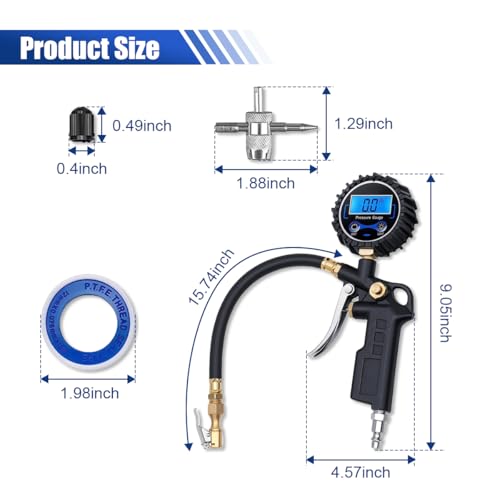 Digital Tire Pressure Gauge with Inflator - 250 PSI Heavy Duty Tire Inflator with Gauge & Quick Connect Coupler - Car Tire Air Chuck and Compressor Accessories - 0.1 Display Resolution (1 Pack)