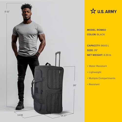 US Army ROMEO 28-inch Large Tactical Duffel Bag with Wheels | Heavy Duty Material, Molle Webbing, Water Resistant Military Rolling Bag for Travel, Deployment, and Camping - Black - color: Black, size: 28-inch