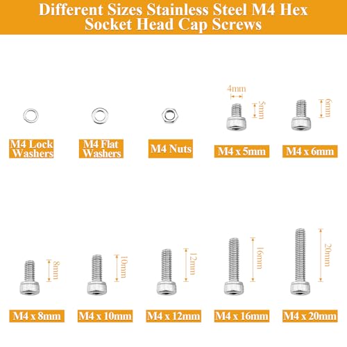 385 Pieces M4 Screws Nuts Washers Set, Sutemribor M4 x 5/6/8/10/12/16/20mm Hex Socket Head Cap Screws Nuts Washers Assortment Kit, 304 Stainless Steel, Fully Threaded - size: M4, style: Socket Head