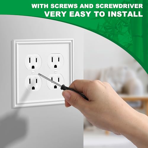 OKAYZIP White Decorative Double Outlet Covers Wall Plates | 2 Pack Natural Material Light Switch Plate - Modern Style 2 Gang Duplex Outlet Covers for Bathroom Kitchen - size: 2 Duplex 2 Pack
