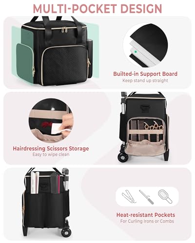 Rolling Hair Tools Travel Bag, Hairstylist Bag with Wheels, Black - color: Black