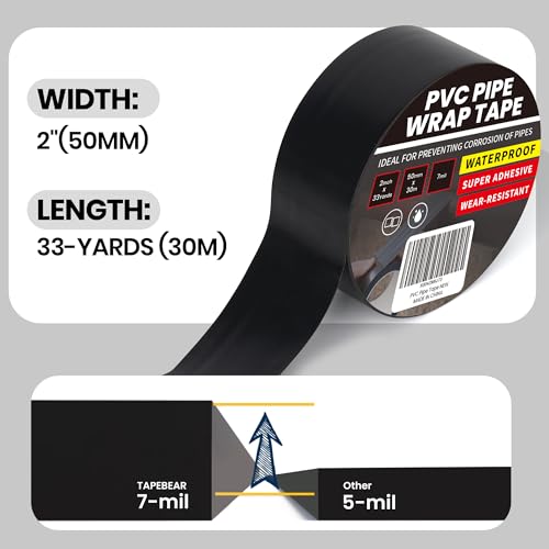 TAPEBEAR Corrosion Protection PVC Pipe Tape 2" x 33Yard 7mil Thick Black - size: 2Inch x 33Yard