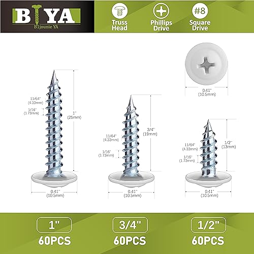 White Wood Screws 180pcs #8 Self Tapping Cabinet 3 Size 1/2 3/4 1 Inch - color: White, size: 180 SCREW COUNT
