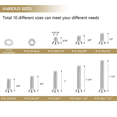 152 Pieces #10-24 x 5/16", 3/8", 1/2", 5/8", 3/4", 1", 1-1/4", 1-1/2", Countersunk Head Socket Cap Screws Nuts Washers Assortment Kit, 304 Stainless Steel, Fully Machine Thread - size: #10-24, style: Countersunk Head