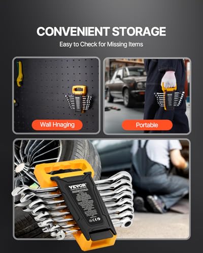 VEVOR Combination Wrench Set, 8-Piece Ratcheting Wrench Set with Organizer Rack, Cr-V Steel, Metric 8 mm to 19 mm, Ideal for General Household, Garage, Workshop, Auto Repairs, Emergency - size: 8PCS (Metric), style: Regular