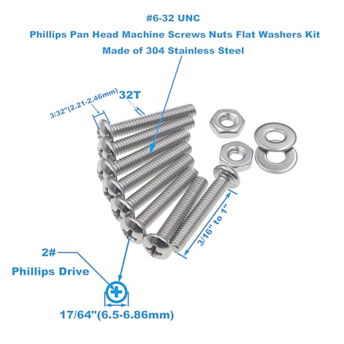 #6-32 UNC 304 Stainless Steel Phillips Pan Head Screw Nut Washer Kit - size: #6-32UNC