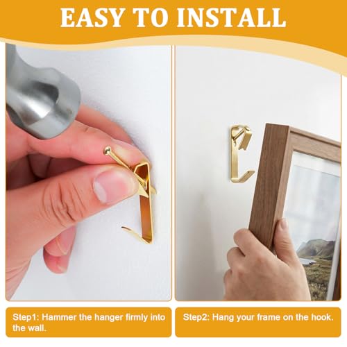 KURUI 214Pcs Picture Hanging Hooks, Renter Friendly Picture Hanging Kit with Heavy Duty Picture Hangers and Hardware Nails, for Frame, Painting, Art and Photo, on Drywall,Plaster, and Wood Wall - color: Gold