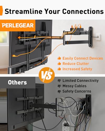 Perlegear Long Arm Full Motion TV Mount with Power Strip for 42–75 inch TVs - size: Fits 38-75'' TVs / Max 600x400mm