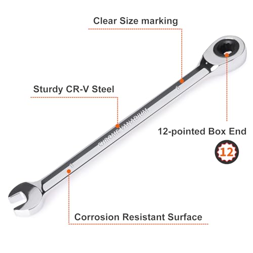 Egofine 6mm Ratcheting Combination Wrench Metric, Industrial Grade Gear Spanner with 12-Point Design, 72-Tooth Ratchet, Chrome Vanadium Steel - size: 6mm