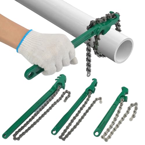 3 PCS Chain Wrench Set, Green Adjustable Chain Oil Filter Wrench (9", 12", 16"), Heavy Duty Carbon Steel Pipe Wrench for Automotive Repair & Plumbing
