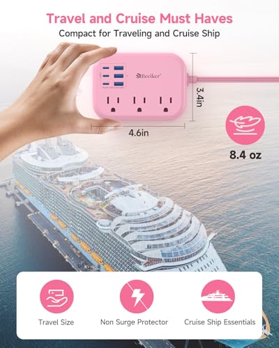 Beeiker 6 USB (3 USB C) Pink Power Strip, 5Ft Extension Cord, 3 Outlets - size: Pink-6 USB 24W-5ft