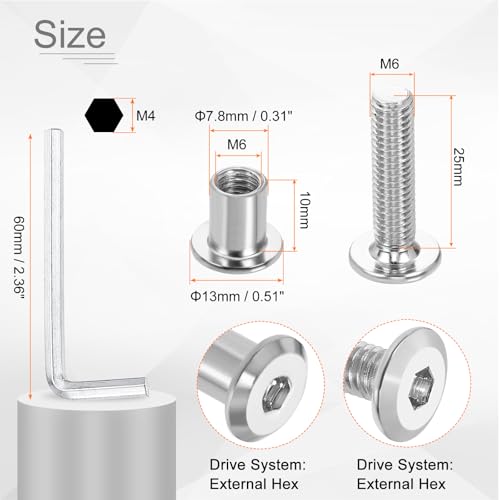 HARFINGTON 20 Set M6x25mm Hex Drive Socket Cap Bolt and M6x10mm Nuts with M4 Hex Wrench, Furniture Connector Bolts and Screws for Furniture Countersunk Belt, Silver - size: M6x25mm, M6x10mm